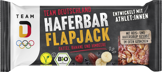 Team D Bio Haferbar Flapjack Datteln, Banane und Himbeere 