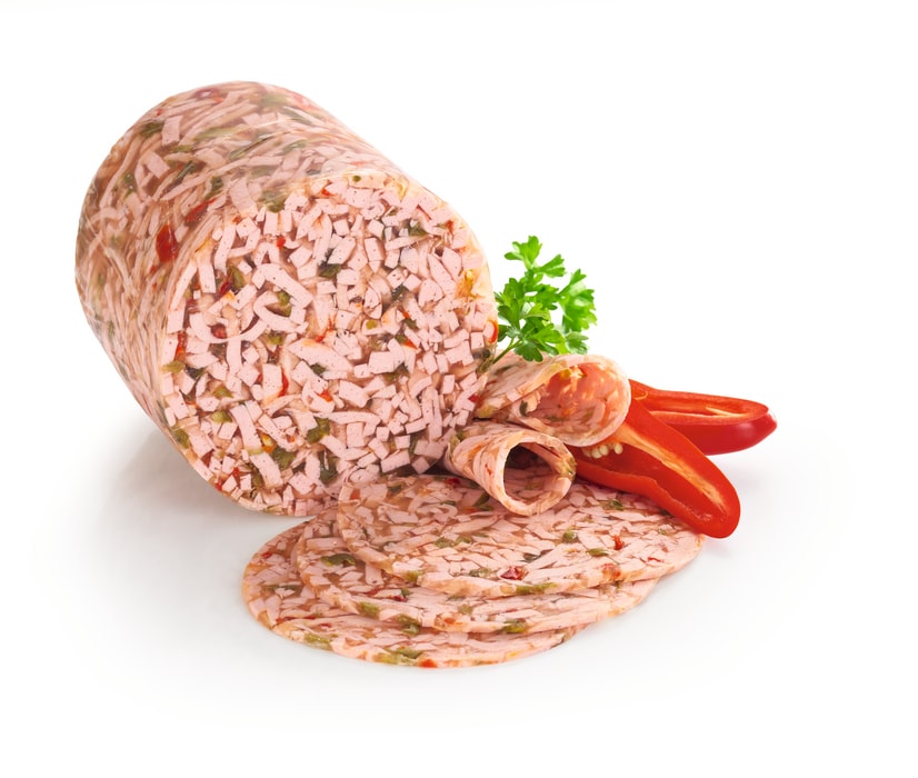 Wurstsülze* pikant, feine Lyonerstreifen mit roter und grüner Paprika oder Hähnchenbrust*