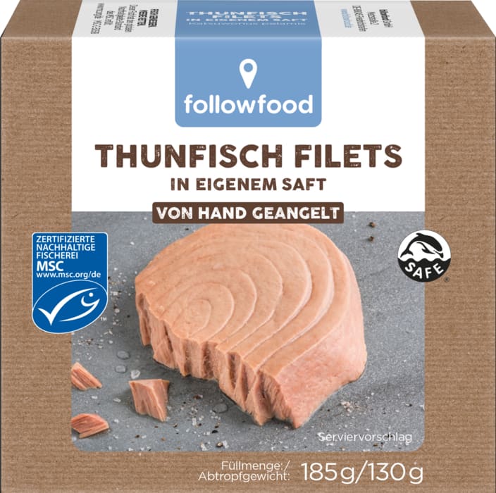 followfood Thunfisch Filets, in eigenem Saft oder in Bio-Öl, Abtropfgewicht 130/185g oder -Salat