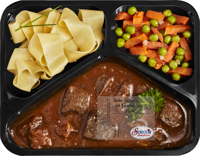 Rinder-Saftgulasch mit Karotten und Erbsen