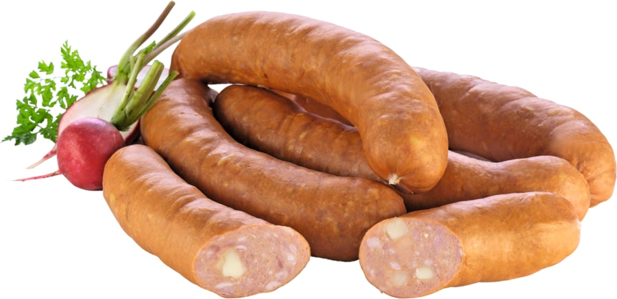 Weiße Bratwurst fein mit Kalbfleisch, gebrüht, Bratwurst grob, roh oder Käseknacker