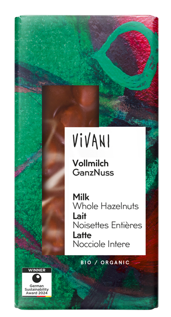 Bio Vivani Vollmilchschokolade mit ganzen Haselnüssen