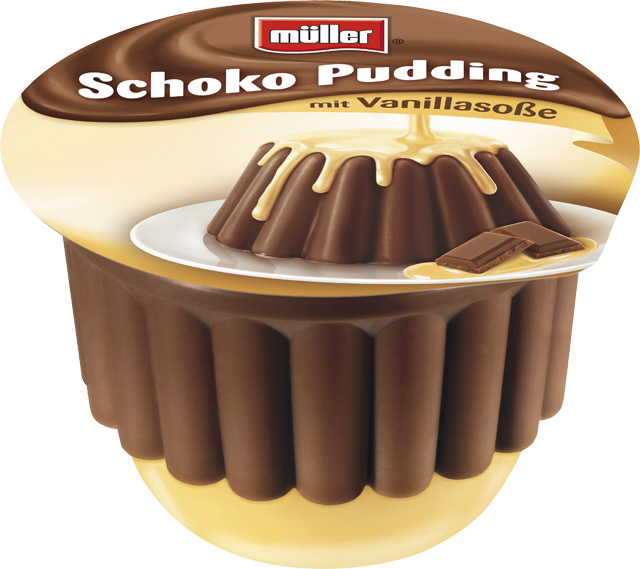 Müller Schoko Pudding mit Vanillasoße oder Grieß Pudding mit Kirschsoße