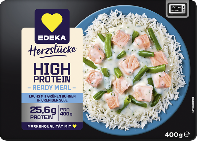 EDEKA Herzstücke High Protein Fertiggericht Lachs mit grünen Bohnen und cremiger Soße