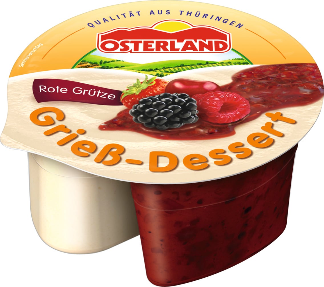 Osterland oder Milram Grieß-Dessert mit Grütze