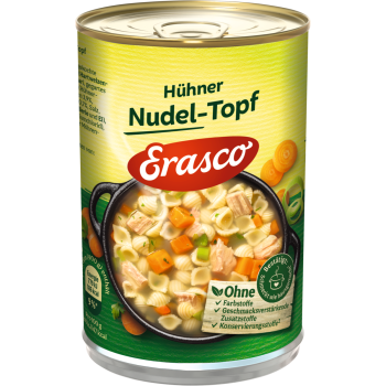 Erasco Hühner-Nudeltopf, Kartoffeltopf mit Würstchen oder Linsen-Eintopf mit Würstchen